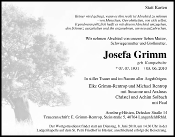 Traueranzeige von Josefa Grimm von Tageszeitung