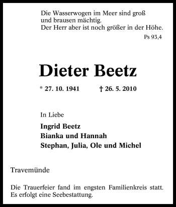 Traueranzeige von Dieter Beetz von Tageszeitung