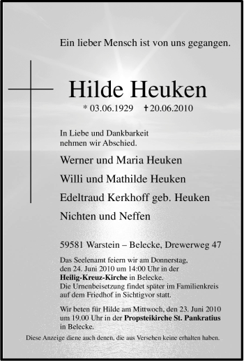 Traueranzeige von Hilde Heuken von Tageszeitung