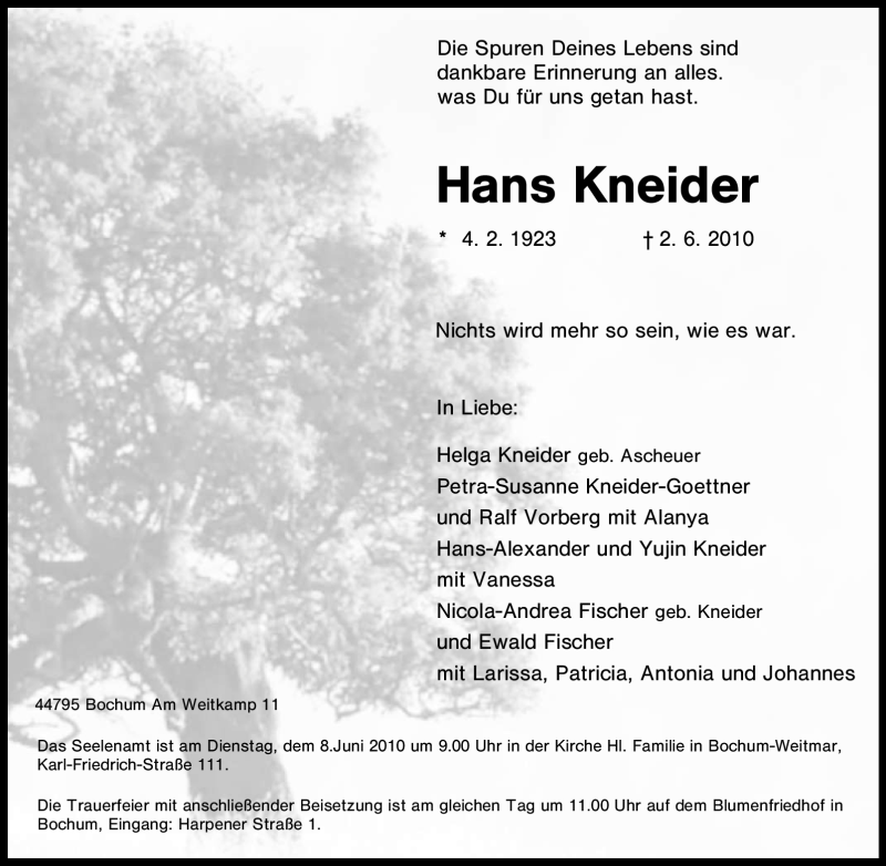  Traueranzeige für Hans Kneider vom 07.06.2010 aus Tageszeitung