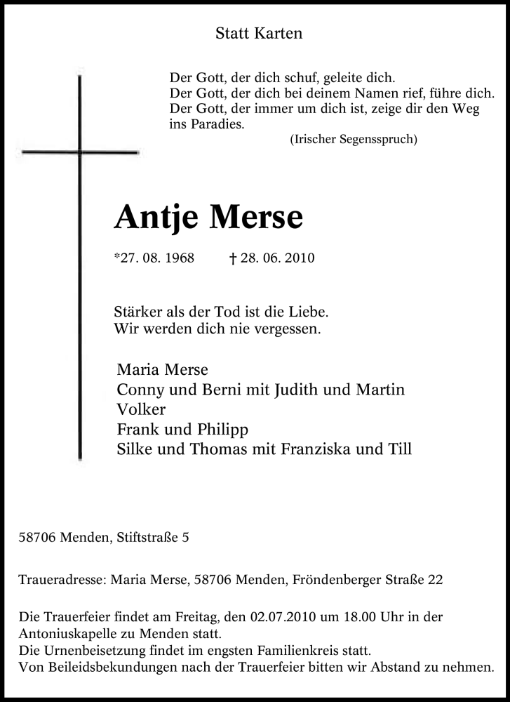  Traueranzeige für Antje Merse vom 30.06.2010 aus Tageszeitung