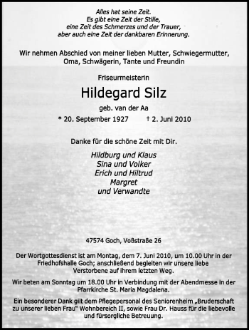 Traueranzeige von Hildegard Silz von Tageszeitung