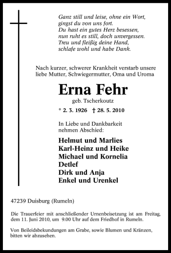 Traueranzeige von Erna Fehr von Tageszeitung