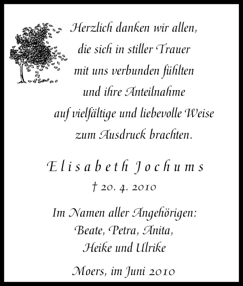 Traueranzeige für Elisabeth Jochums vom 05.06.2010 aus Tageszeitung