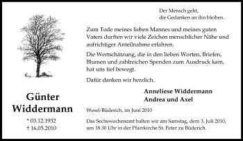 Traueranzeige von Günter Widdermann von Tageszeitung