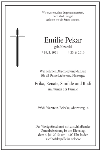 Traueranzeige von Emilie Pekar von Tageszeitung