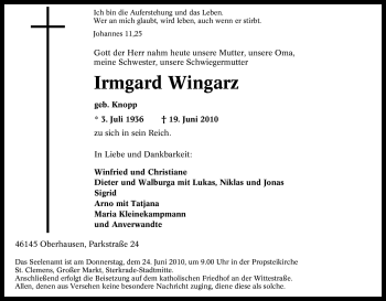 Traueranzeige von Irmgard Wingarz von Tageszeitung