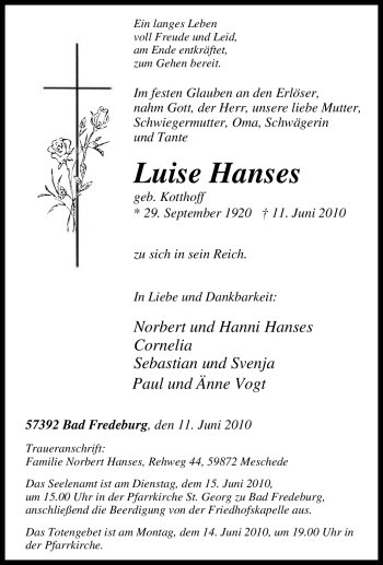 Traueranzeige von Luise Hanses von Tageszeitung