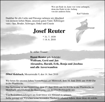 Traueranzeige von Josef Reuter von Tageszeitung