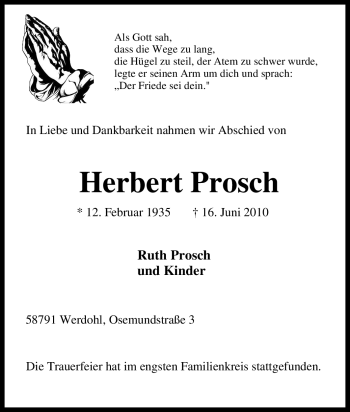 Traueranzeige von Herbert Prosch von Tageszeitung
