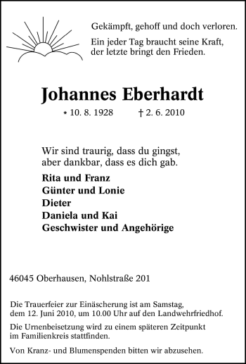 Traueranzeige von Johannes Eberhardt von Tageszeitung