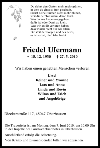 Traueranzeige von Friedel Ufermann von Tageszeitung