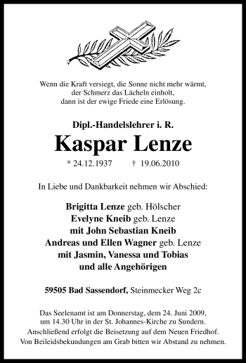 Traueranzeige von Kaspar Lenze von Tageszeitung