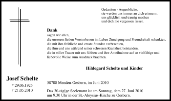 Traueranzeige von Josef Schelte von Tageszeitung