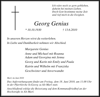 Traueranzeige von Georg Genius von Tageszeitung