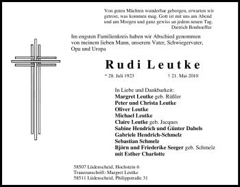 Traueranzeige von Rudi Leutke von Tageszeitung