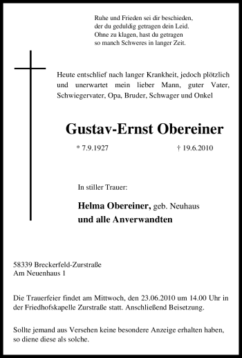 Traueranzeige von Gustav-Ernst Obereiner von Tageszeitung