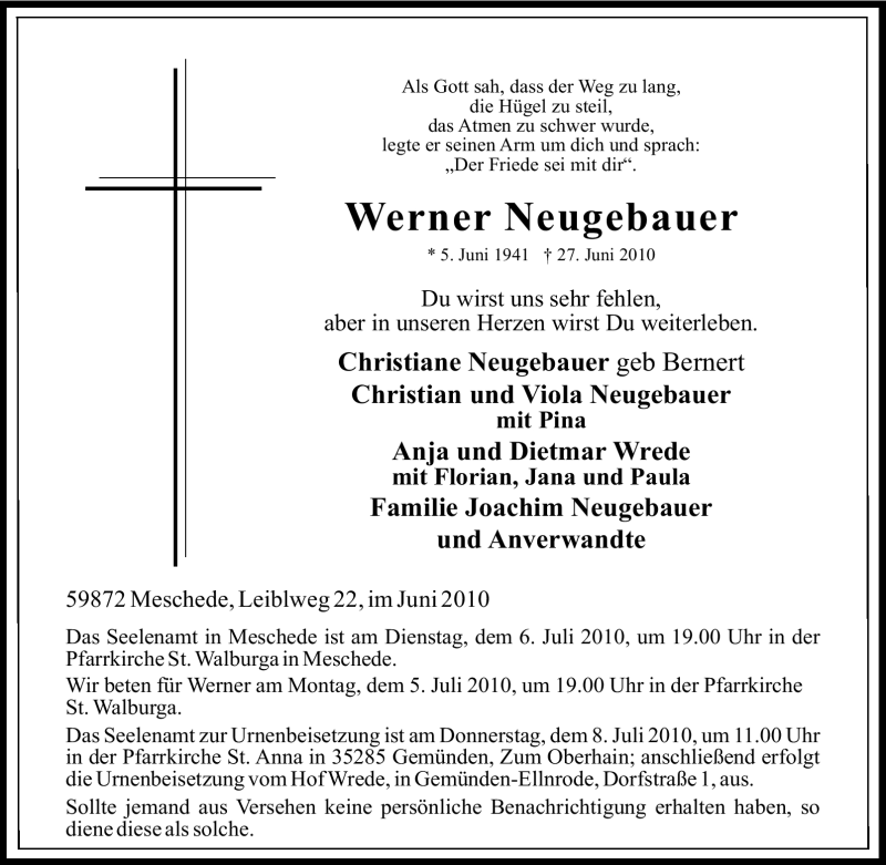  Traueranzeige für Werner Neugebauer vom 30.06.2010 aus WESTDEUTSCHE ALLGEMEINE ZEITUNG