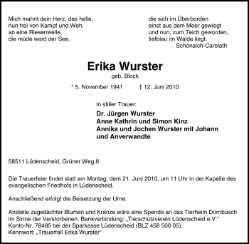 Traueranzeige von Erika Wurster von Tageszeitung
