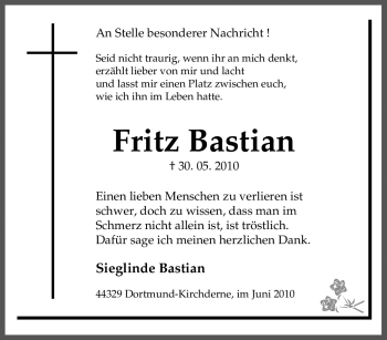 Traueranzeige von Fritz Bastian von Tageszeitung