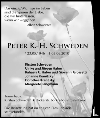 Traueranzeige von Peter K.-H. Schweden von Tageszeitung