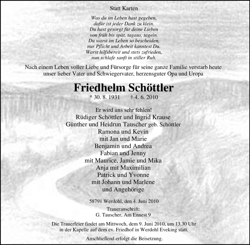  Traueranzeige für Friedhelm Schöttler vom 07.06.2010 aus Tageszeitung