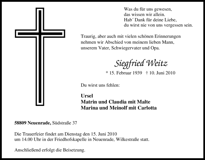  Traueranzeige für Siegfried Weitz vom 12.06.2010 aus Tageszeitung