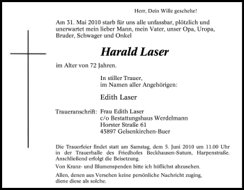 Traueranzeige von Harald Laser von Tageszeitung
