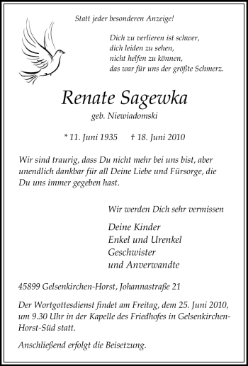 Traueranzeige von Renate Sagewka von Tageszeitung