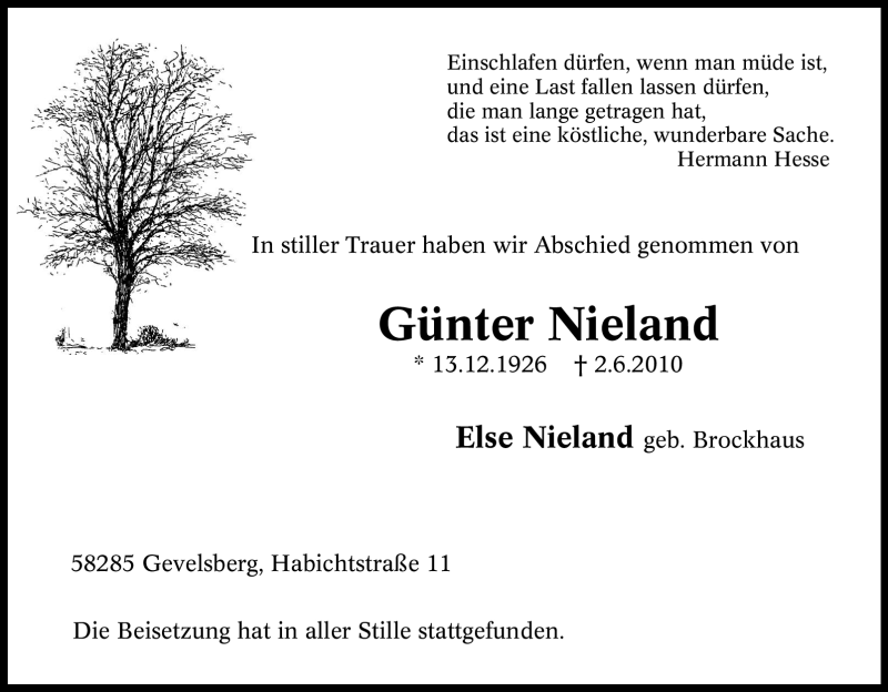  Traueranzeige für Günter Nieland vom 19.06.2010 aus Tageszeitung