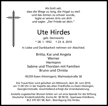 Traueranzeige von Ute Hirdes von Tageszeitung