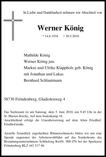 Traueranzeige von Werner König von Tageszeitung