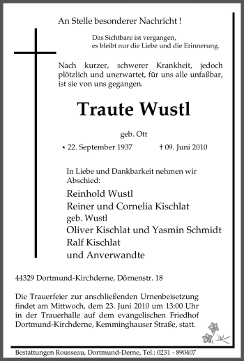 Traueranzeige von Traute Wustl von Tageszeitung