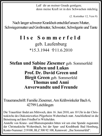 Traueranzeige von Ilse Sommerfeld von Tageszeitung