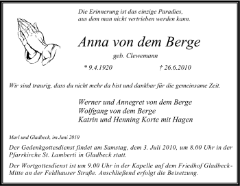 Traueranzeige von Anna von dem Berge von Tageszeitung