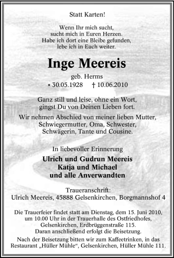 Traueranzeige von Inge Meereis von Tageszeitung