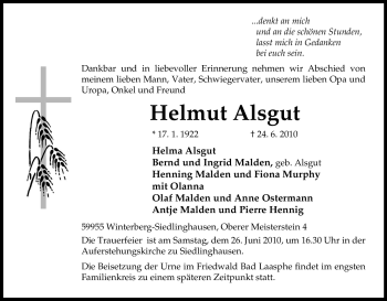 Traueranzeige von Helmut Alsgut von Tageszeitung