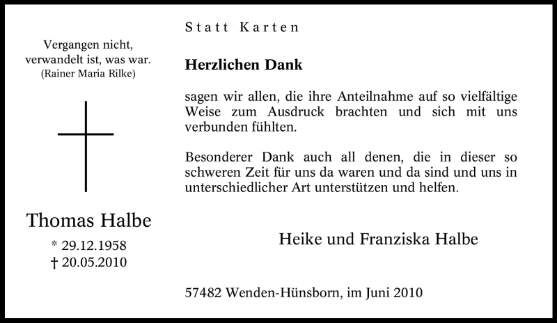  Traueranzeige für Thomas Halbe vom 19.06.2010 aus Tageszeitung