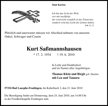 Traueranzeige von Kurt Saßmannshausen von Tageszeitung