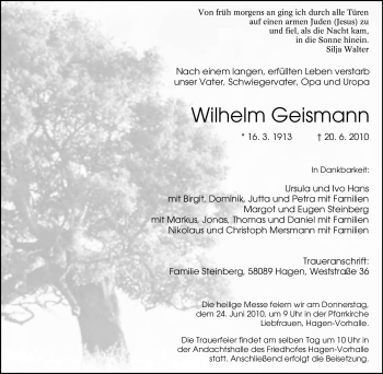 Traueranzeige von Wilhelm Geismann von Tageszeitung