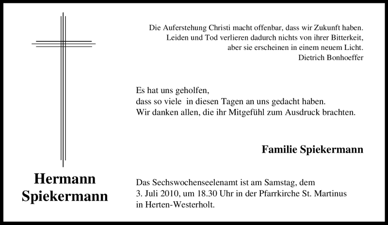  Traueranzeige für Hermann Spiekermann vom 26.06.2010 aus Tageszeitung
