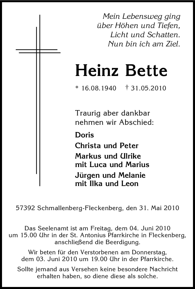  Traueranzeige für Heinz Bette vom 02.06.2010 aus Tageszeitung