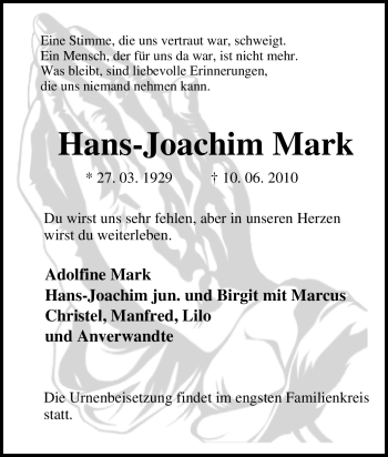Traueranzeige von Hans-Joachim Mark von Tageszeitung