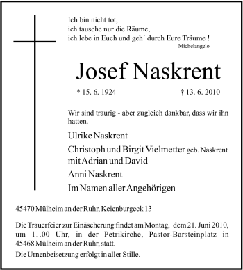 Traueranzeige von Josef Naskrent von Tageszeitung
