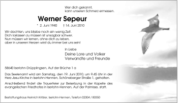 Traueranzeige von Werner Sepeur von Tageszeitung