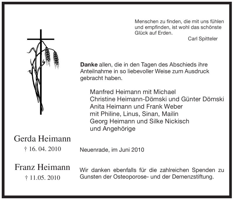  Traueranzeige für Franz Heimann vom 19.06.2010 aus Tageszeitung