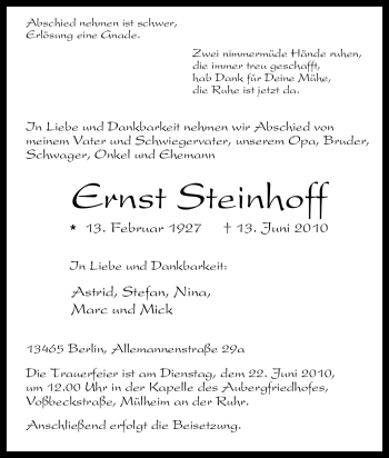 Traueranzeige von Ernst Steinhoff von Tageszeitung