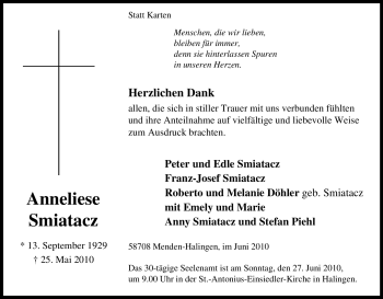 Traueranzeige von Anneliese Smiatacz von Tageszeitung
