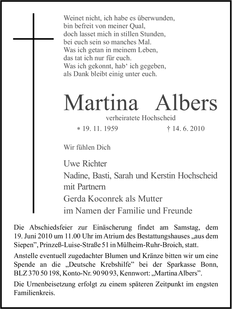  Traueranzeige für Martina Albers vom 16.06.2010 aus Tageszeitung