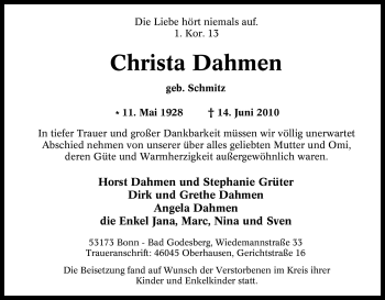 Traueranzeige von Christa Dahmen von Tageszeitung